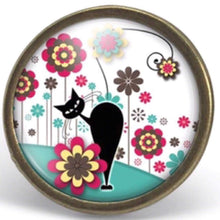 Charger l&#39;image dans la galerie, Bague Cabochon - Chat, Fleur &quot;Le Chat Dans Le Pré&quot;,bronze (ref.30)