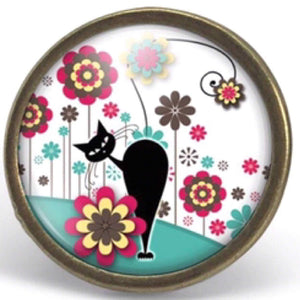 Bague Cabochon - Chat, Fleur "Le Chat Dans Le Pré",bronze (ref.30)