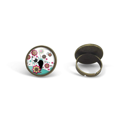 Bague Cabochon - Chat, Fleur 