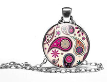 Charger l&#39;image dans la galerie, Collier cabochon, collier illustré &quot;paisley&quot;,   argenté (ref.88a)