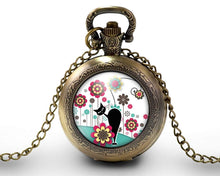 Charger l&#39;image dans la galerie, Montre gousset  Chat, Fleur &quot;Le Chat Dans Le Pré&quot;    bronze (ref.30)
