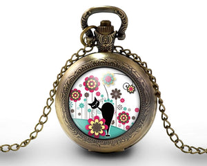 Montre gousset  Chat, Fleur "Le Chat Dans Le Pré"    bronze (ref.30)