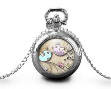 Charger l&#39;image dans la galerie, Montre gousset collier petite fille, &quot;fleurs pastel&quot;, argenté (ref.85a)