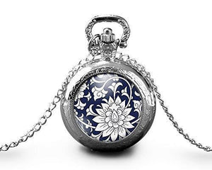 Montre gousset fleurs collier "Fleurs bleues", femme, cadeau de Noël     argenté (ref.57a)