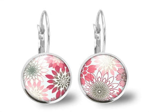 Boucles d'oreilles Fleur Cabochon "Fleurs roses"  argenté (ref.9a)