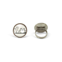 Charger l&#39;image dans la galerie, Bague Cabochon illustrée &quot;Les Deux Chats&quot;, argenté (ref.77a)