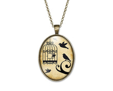 Charger l&#39;image dans la galerie, Collier Cabochon, Oiseau, Cage &quot;ouvrir la Cage&quot; bronze (ref.42)
