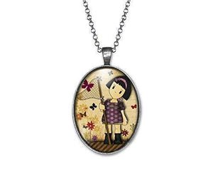 Collier Cabochon Petite Fille "Chasse aux Papillons"  ,     argenté(ref.27a)