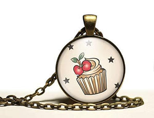 Collier cabochon, collier illustré "cupcakes tatoués", bronze (ref.93)