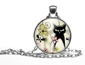 Collier cabochon, collier illustré "Le chat du printemps",   argenté (ref.71-1a)