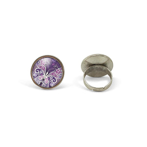 Bague Cabochon - Papillon "Papillon Violet", argenté (ref.43a)