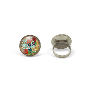 Bague Cabochon "Crâne Fleuri", argenté (ref.54a)