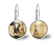 Charger l&#39;image dans la galerie, Boucles d&#39;oreilles Cabochon Petite Fille, Parapluie &quot;La Petite Fille à Paris&quot; argenté