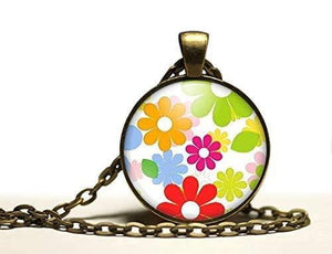 Collier cabochon, collier illustré "fleurs colorées",   bronze (ref.68)