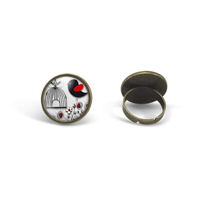 Bague Cabochon - Oiseau, Cage "l'Oiseau Noir Et Rouge" , bronze (ref.51)