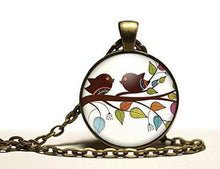 Charger l&#39;image dans la galerie, Collier cabochon, collier illustré &quot;oiseaux qui bavardent&quot;,   bronze (ref.81)