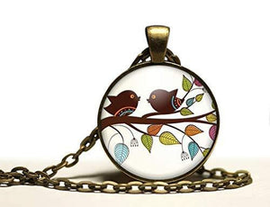 Collier cabochon, collier illustré "oiseaux qui bavardent",   bronze (ref.81)