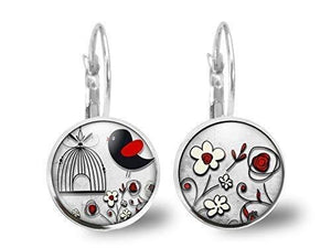 Boucles d'oreilles Cabochon Oiseau, Cage "l'Oiseau Noir Et Rouge" argenté (ref.51a)