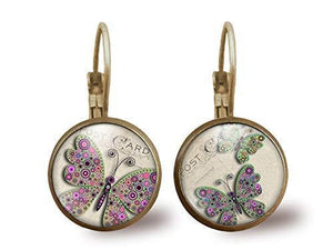 Boucles d'oreilles Cabochon papillons "la carte postale", bronze (réf.82)