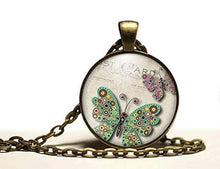 Charger l&#39;image dans la galerie, Collier cabochon, papillons de collier illustrés &quot;la carte postale&quot; (ref.87)