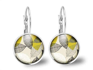 Boucles d'oreilles Feuille Cabochon "Fleurs Jaunes Et Gris", argenté  (ref.23a)