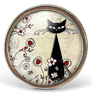 Bague Cabochon - Chat "Le Chat parmi les Fleurs" -  argenté (ref.33a)