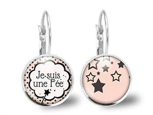 Boucles d'oreilles Cabochon Petite Baguette "Je Suis Une Fée" argenté (ref.37a)