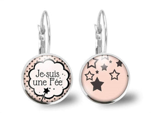 Boucles d'oreilles Cabochon Petite Baguette "Je Suis Une Fée" argenté (ref.37a)