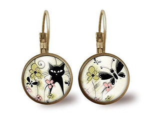 Boucles d'oreilles Cabochon "le chat du printemps",   bronze (ref.711)