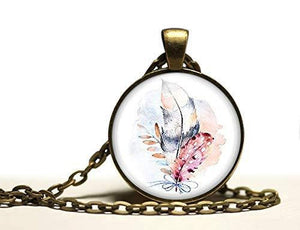 Collier cabochon, collier illustré "plumes de pastel",   bronze (ref.67)