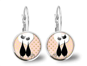 Boucles d'oreilles Chat Cabochon "chats amoureux"  argenté (ref.19a)