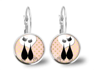 Boucles d'oreilles Chat Cabochon "chats amoureux"  argenté (ref.19a)