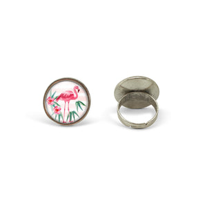 Bague Cabochon - "Le flamand rose" , argenté (ref.6a)