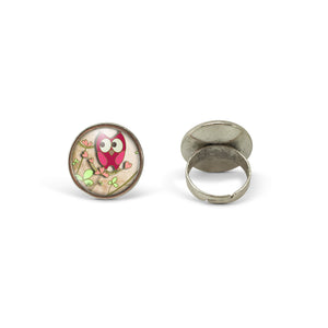 Bague Cabochon Hibou "Le Hibou Rose", argenté (ref.80a)